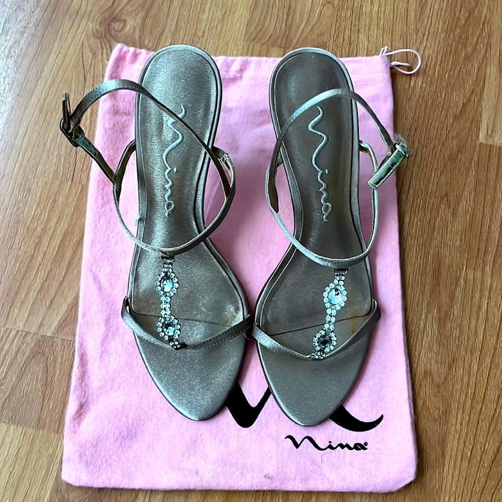 Strappy 3.5 inch heels with rhinestones.